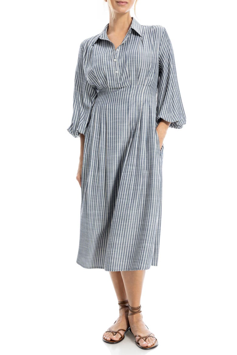 Stripe Balloon Sleeve Shirtdress, Alternate, color, INDIGO/ IVORY STRIPE
