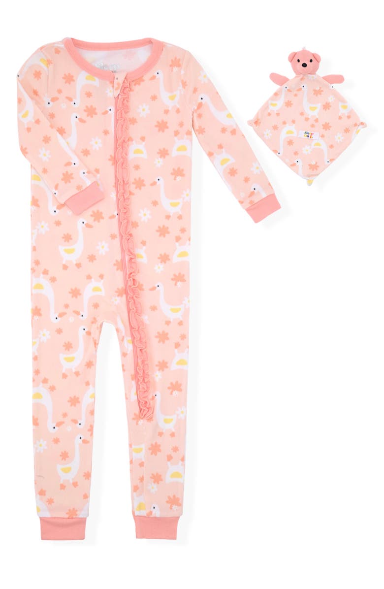 SLEEP ON IT Goose Print Fitted One-Piece Pajamas with Lovey, Main, color,
