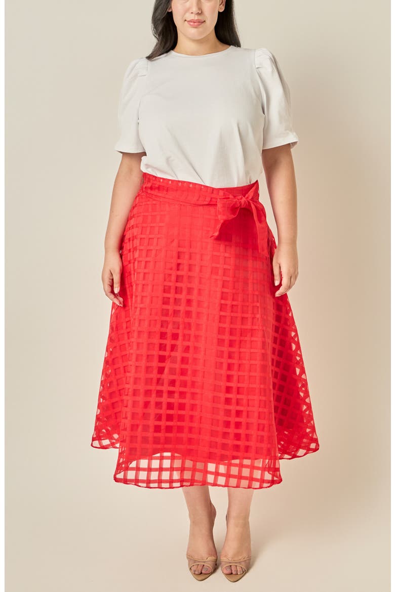 Plaid Organza Fit & Flare Midi Skirt, Alternate, color, RED