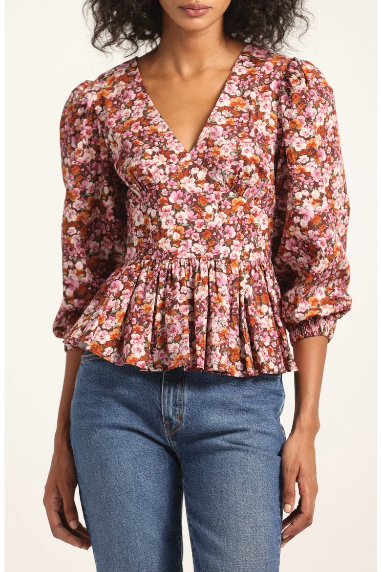 Savannah V-Neck Peplum Top, Main, color, BURGUNDY MINI FLORAL