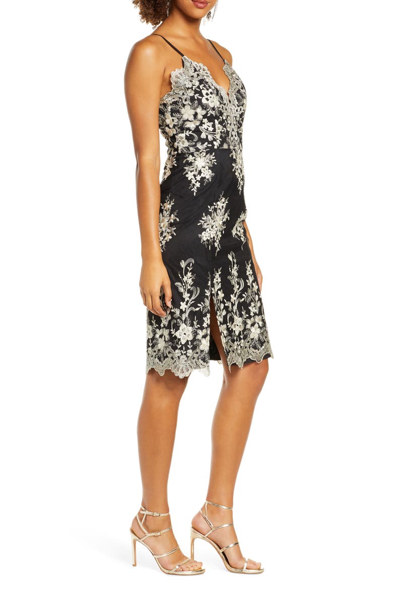 Chi Chi London Hally Metallic Floral Embroidered Cocktail Dress, Alternate, color,