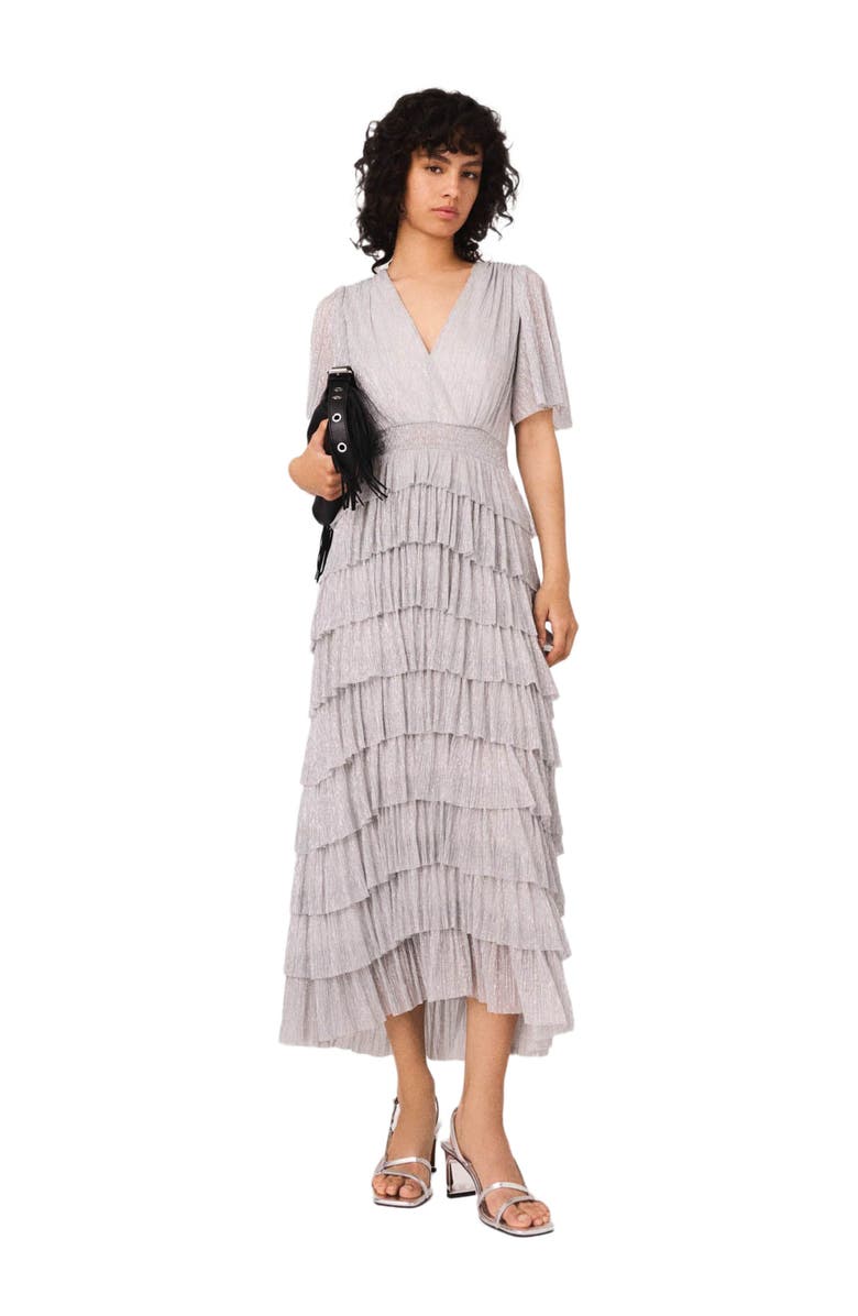 maje Metallic ruffled midi dress, Main, color, Silver
