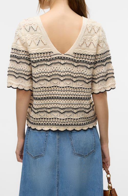 Vero Moda Pattern Pointelle Sweater In Birch Detail W/black