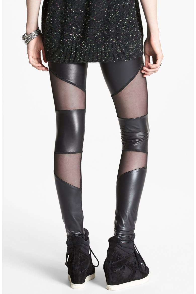 Mesh Inset Faux Leather Leggings, Alternate, color, BLACK