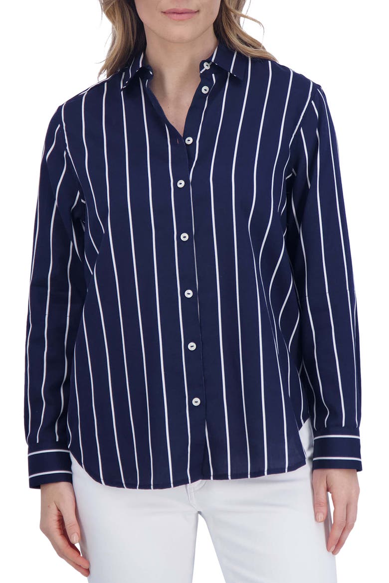 Stripe Tunic Button-Up Shirt, Main, color, NAVY