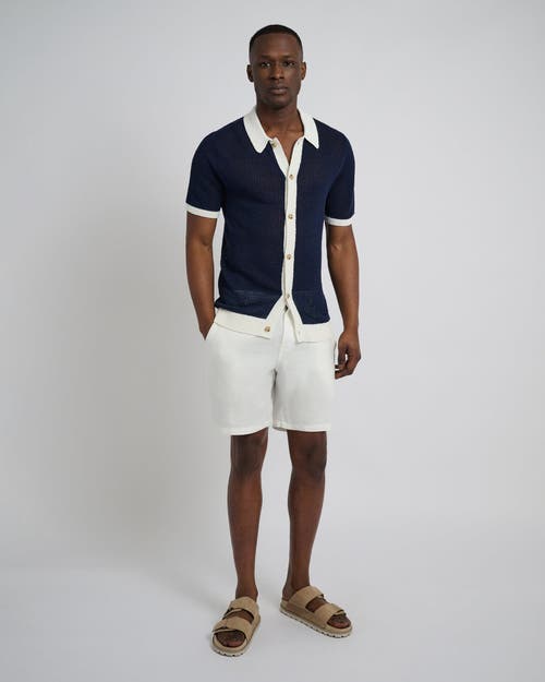 Onia Linen Short Sleeve Button Up Sweater In Deep Navy/white