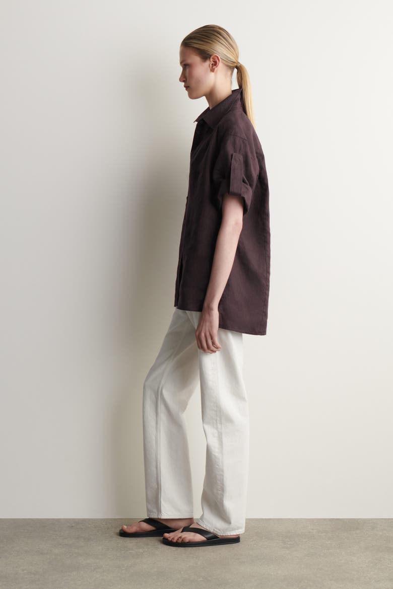 Folded-Sleeve Linen Shirt, Alternate, color, BURGUNDY
