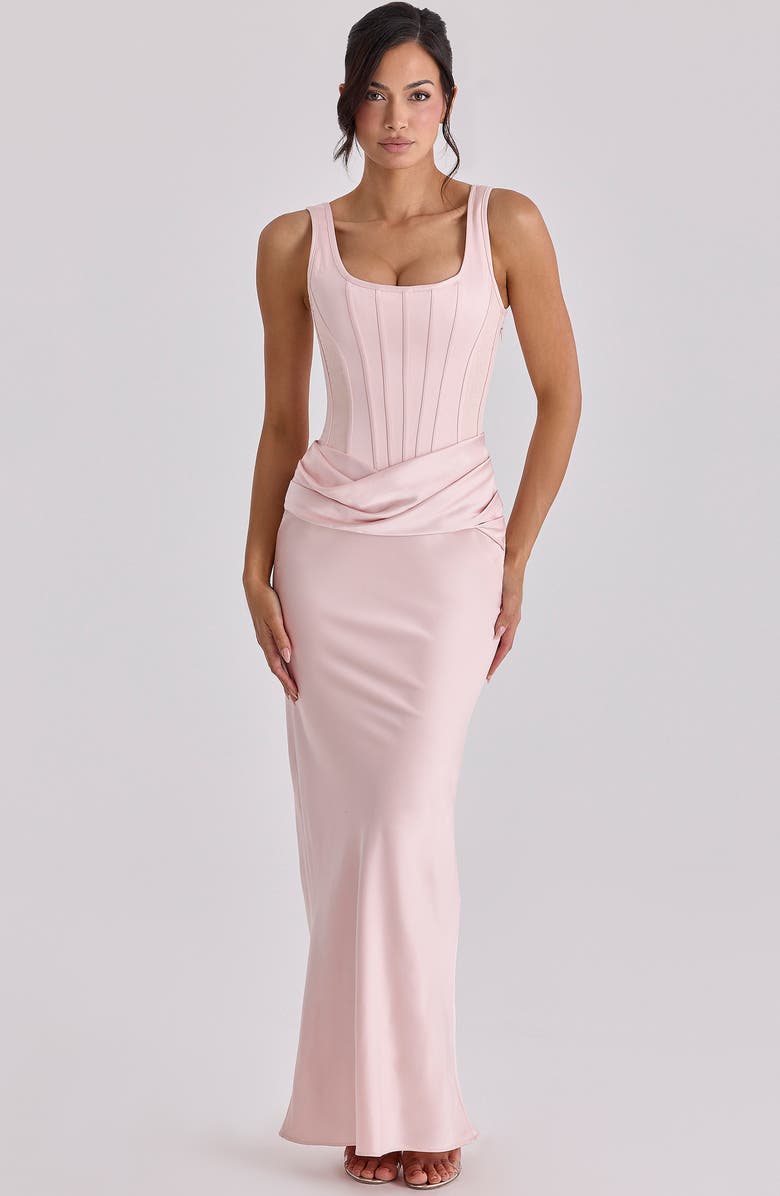 HOUSE OF CB Kira Corset Bodice Satin Gown, Alternate, color, Blush