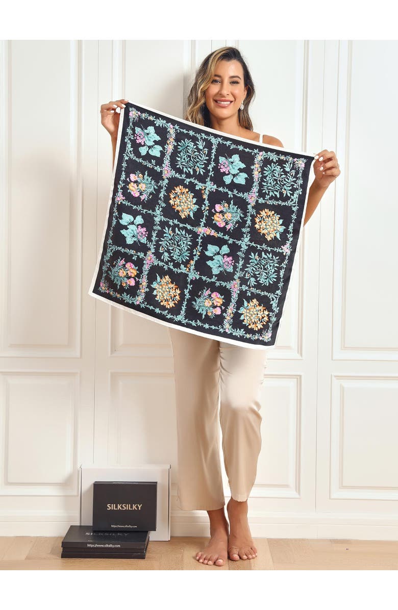 SILKSILKY Pure Silk Floral Pattern Square Scarf, Alternate, color, Black