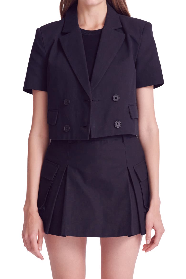 Short Sleeve Double Breasted Blazer, Alternate, color, BLACK