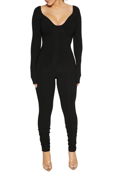 Faux Bustier Ribbed Long Sleeve Jumpsuit