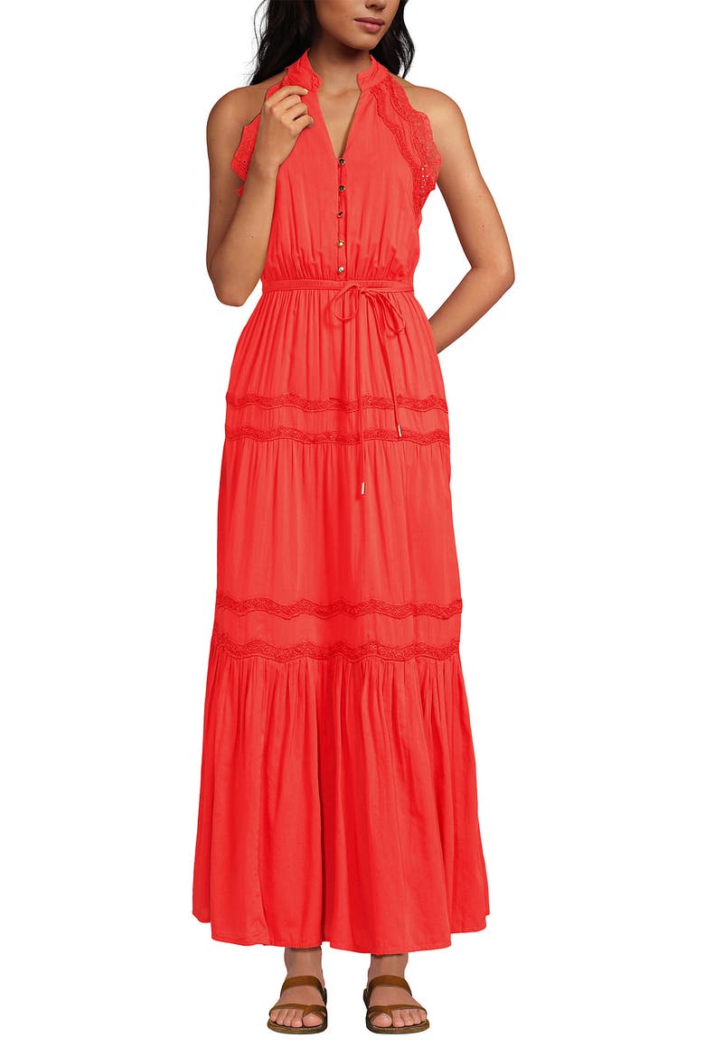 Cotton Voile Halter Tiered Maxi Dress, Main, color, Pop Orange Sherbert