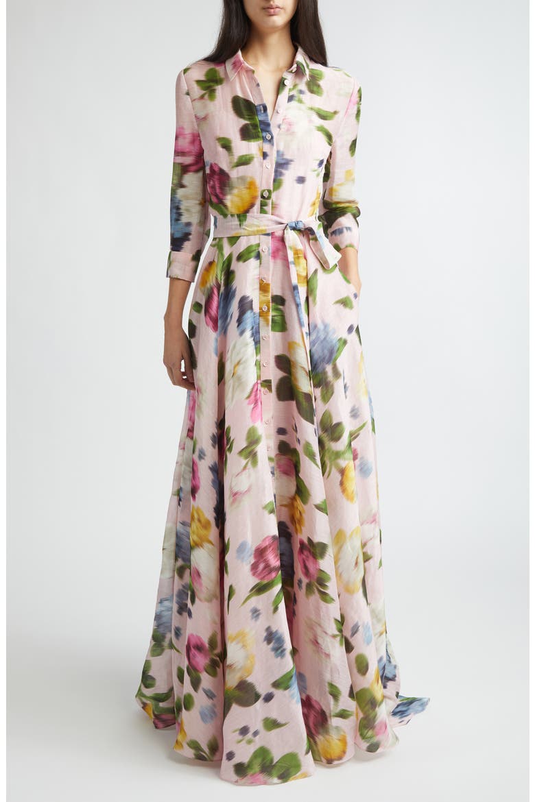 Blurred Rose Print Linen & Silk Trench Gown, Main, color, ROSEWATER MULTI