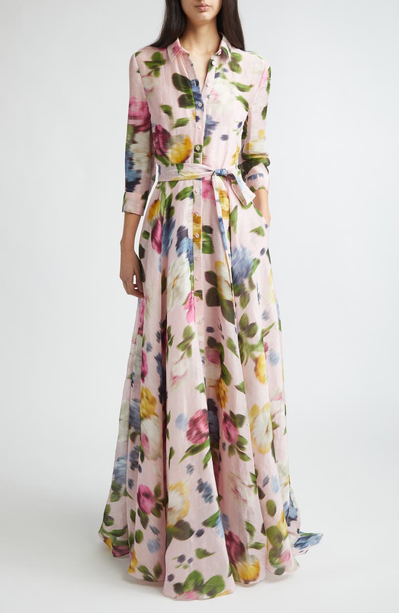 Carolina Herrera Blurred Rose Print Linen & Silk Trench Gown, Main, color, Rosewater Multi