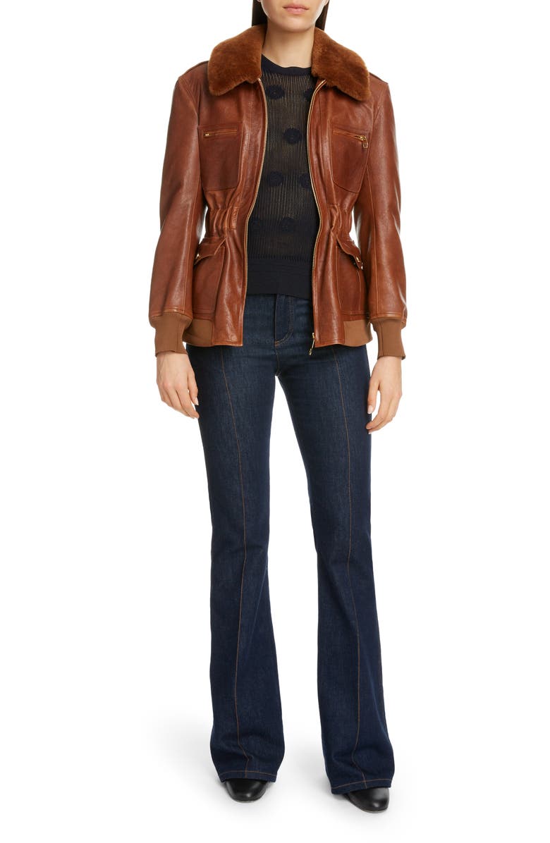 Chloé Lambskin Leather Jacket with Genuine Shearling Trim, Alternate, color,