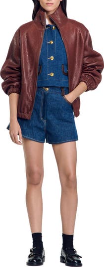 【海外限定】Sandroレザージャケット☆Oversized-collar relaxed Oversized leather jacket brown For Women | Sandro Paris