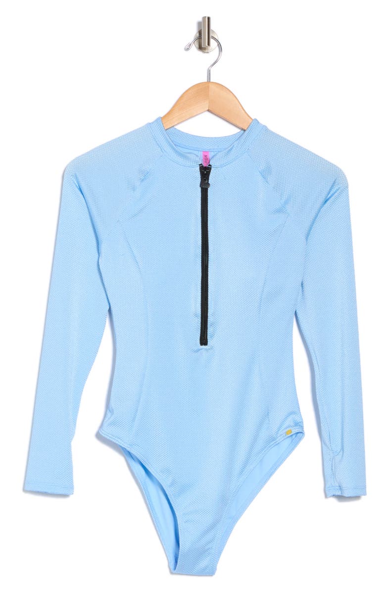 Betsey Johnson Scuba Knit Half Zip Long Sleeve One-Piece Swimsuit, Alternate, color, Blue