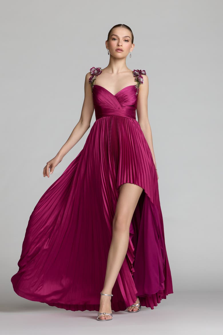 Petite Pleated High Low Gown With 3D Floral Straps, Alternate, color, Magenta