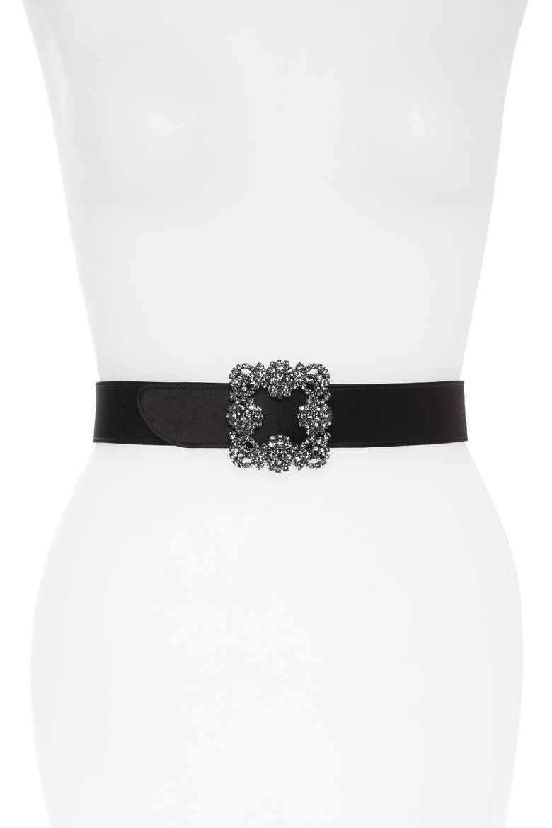 Hangisi Jewel Buckle Satin Belt, Main, color, BLACK