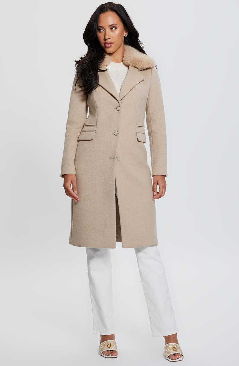 GUESS New Laurence Coat with Detachable Faux Fur Collar, Alternate, color, Brown
