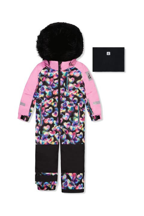 Play Heart Faux Fur Hood & Expandable Sleeve One Piece Snowsuit