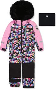 Deux par Deux Play Heart Faux Fur Hood & Expandable Sleeve One Piece Snowsuit