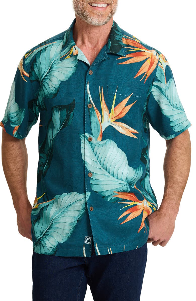Tommy Bahama Garden of Hope & Courage Print Short Sleeve Silk Shirt, Main, color, Majolica Blue