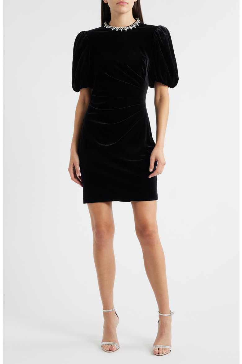 Jeweled Neck Velvet Dress, Main, color, BLACK