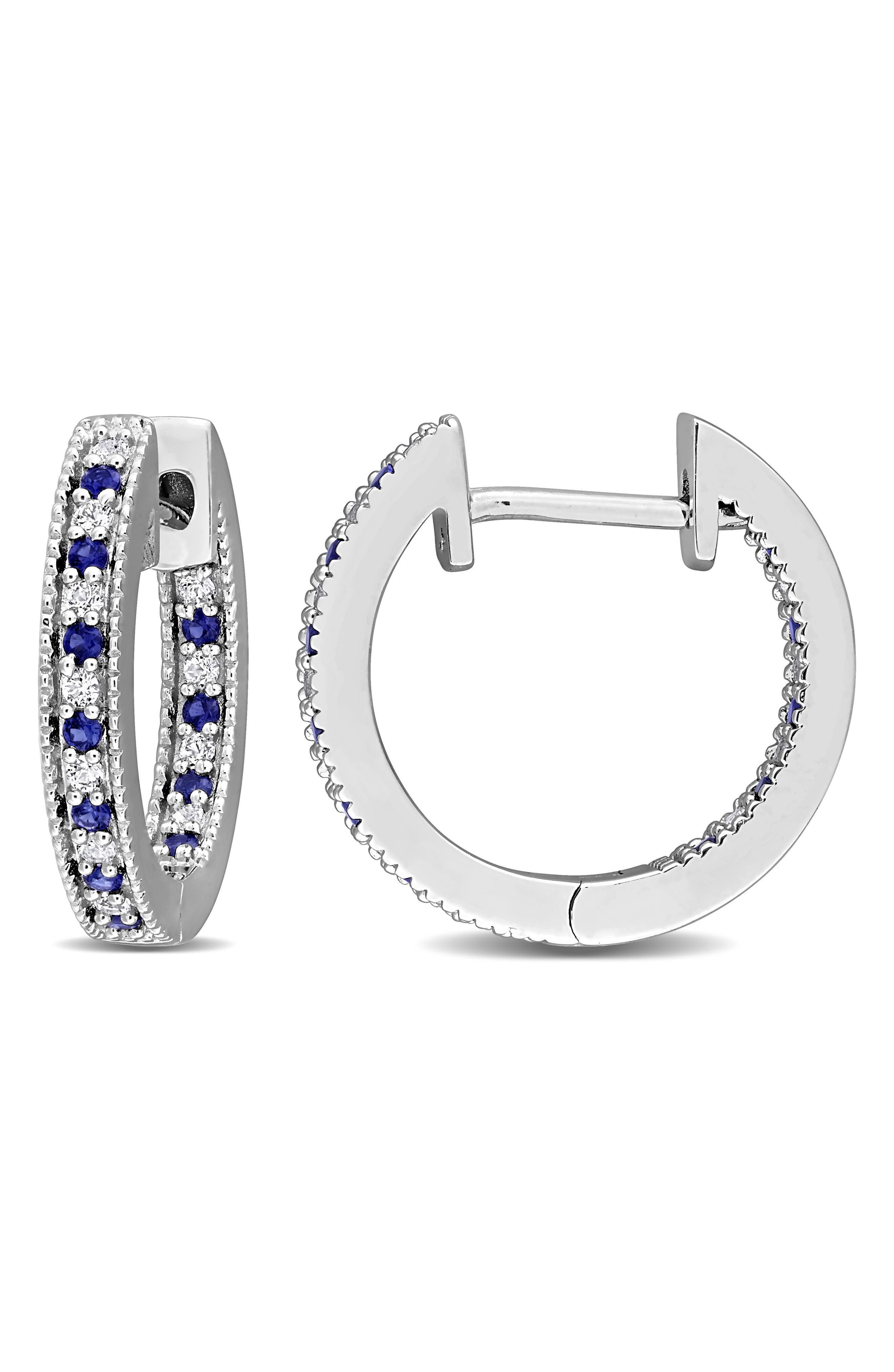 Sterling Silver Created Blue & White Sapphire Hoop Earrings
