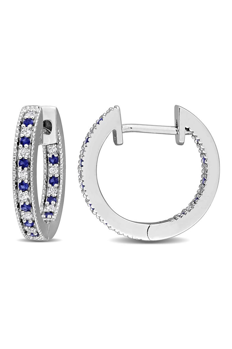 Sterling Silver Created Blue & White Sapphire Hoop Earrings, Main, color, BLUE