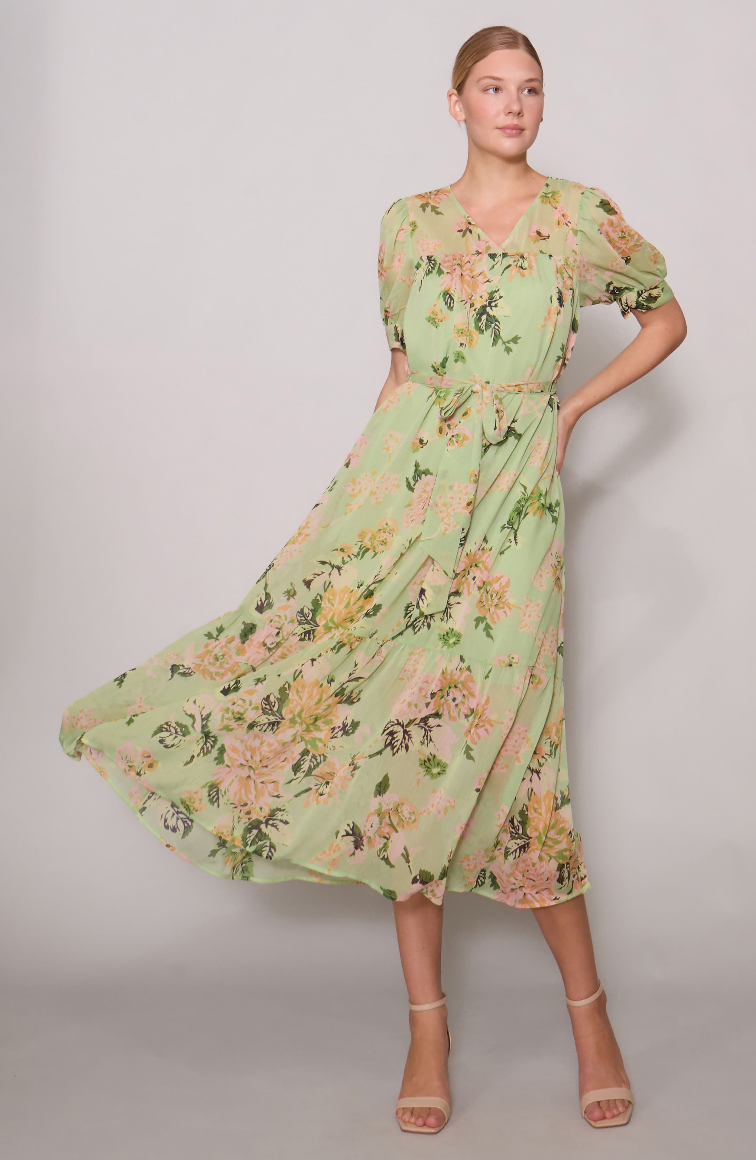 Melloday Women's Puff Sleeve Tiered Midi Dress (Sage Multi)