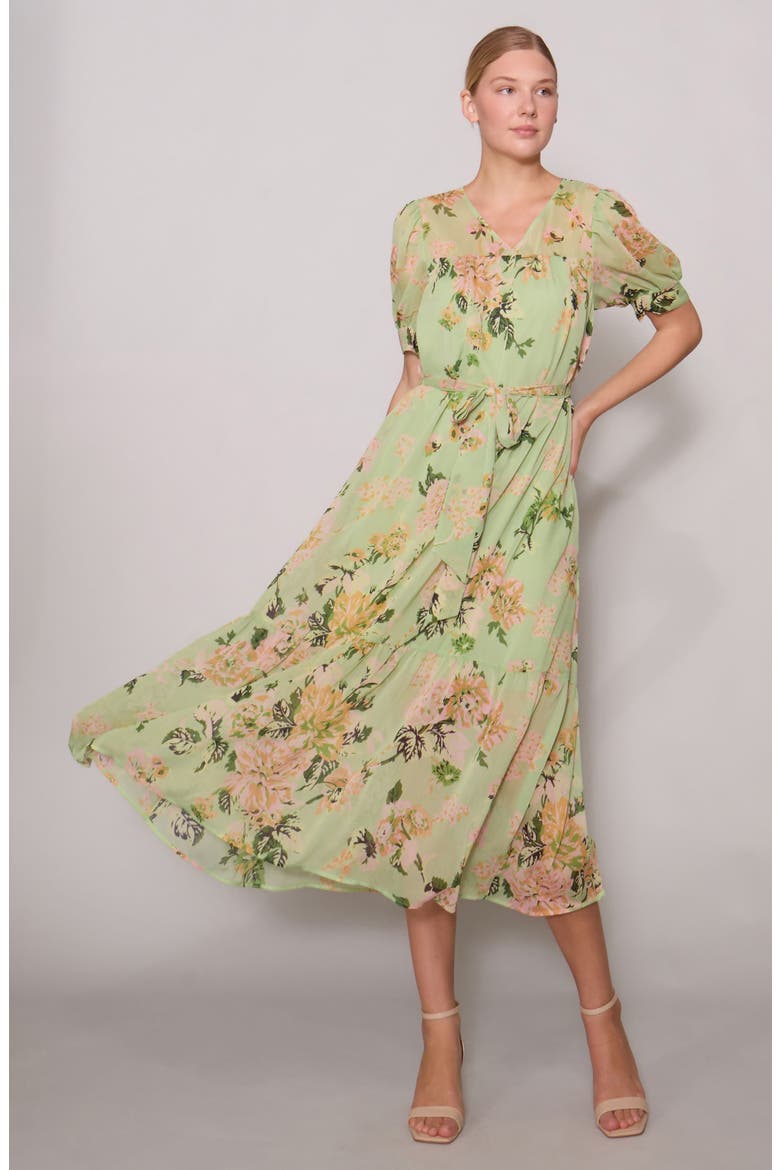 Puff Sleeve Tiered Midi Dress, Alternate, color, SAGE MULTI