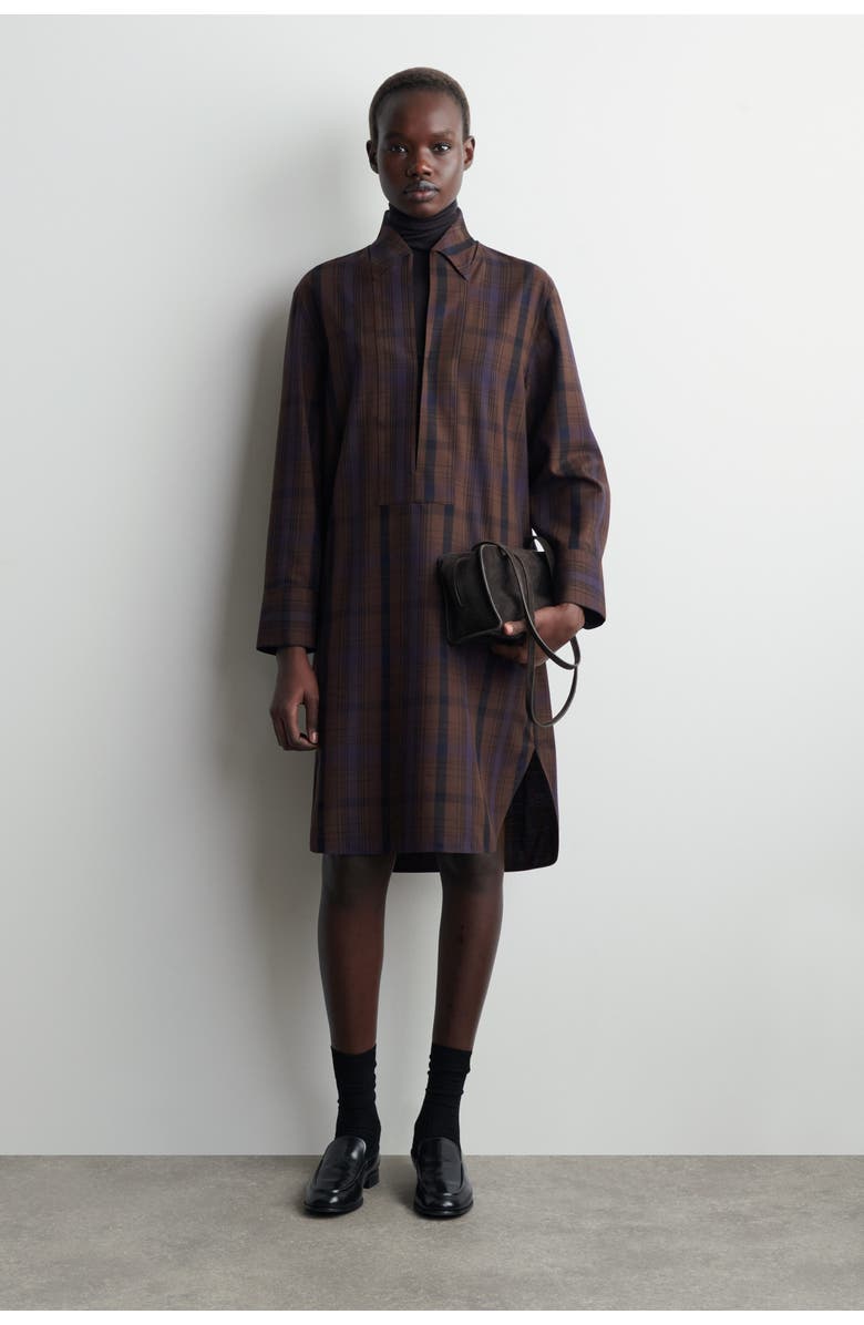 COS Checked Wool-blend Shirt Dress, Main, color, Brown / Checked