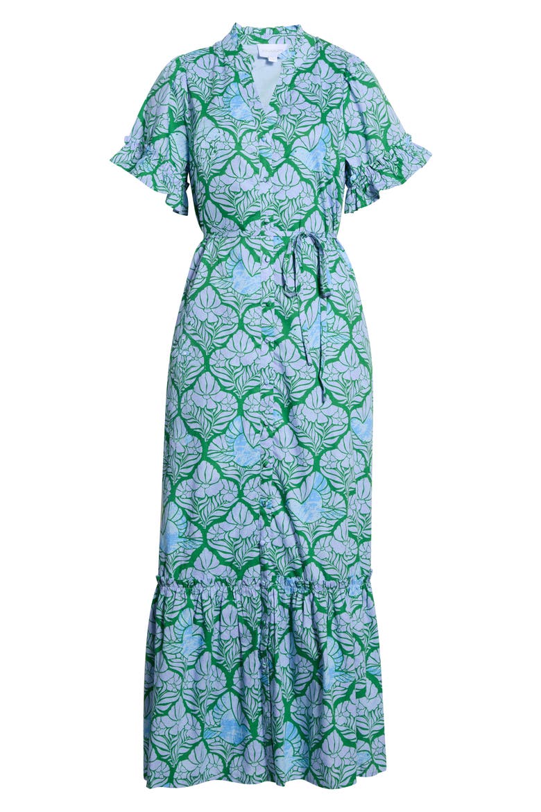 Alna Floral Ruffle Trim Button-Up Midi Dress, Alternate, color, EMERALD-BLUE