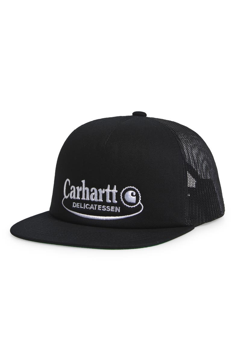 Carhartt Work In Progress Graphic Logo Trucker Hat, Main, color, Black / Black