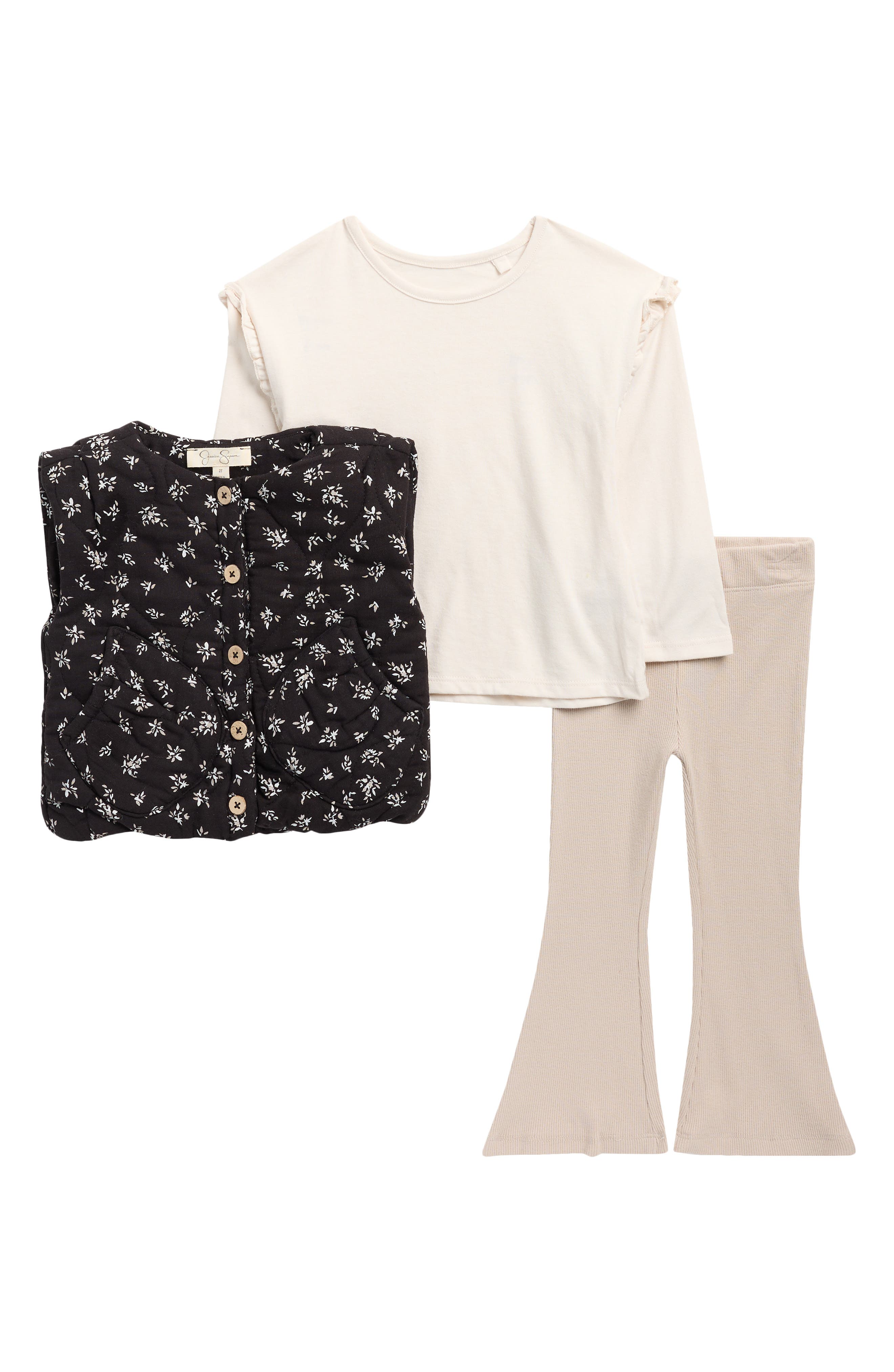 Jessica Simpson Kids' Floral Quilted Vest, Long Sleeve T-Shirt & Flared Pants Set