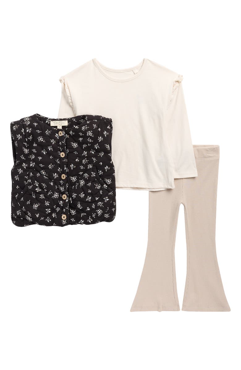 Jessica Simpson Kids' Floral Quilted Vest, Long Sleeve T-Shirt & Flared Pants Set, Main, color, Black