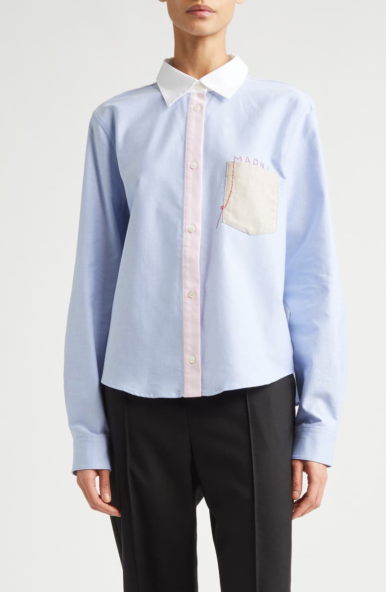 Marni Mending Logo Colorblock Cotton Poplin Button-Up Shirt, Main, color, 