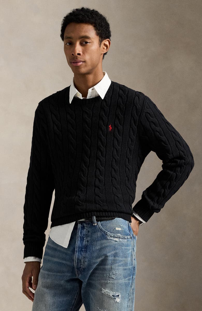 Polo Ralph Lauren Cable Knit Cotton Crewneck Sweater, Alternate, color, Polo Black