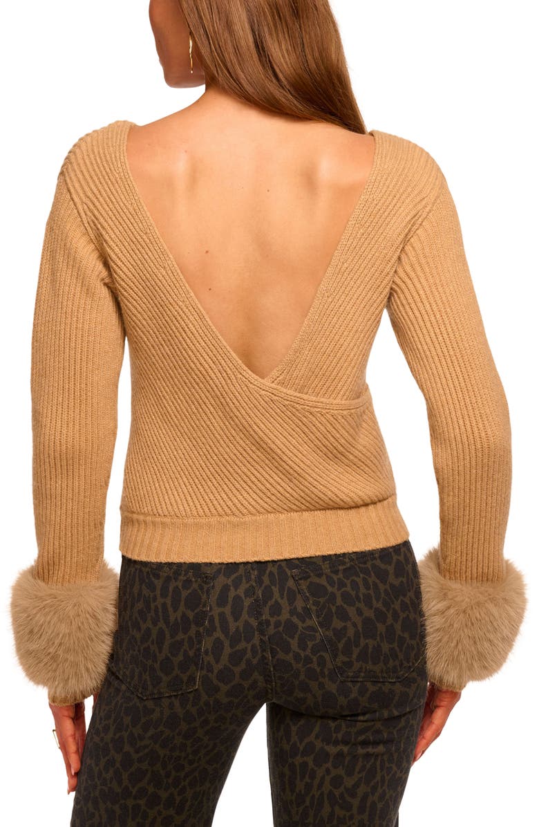Ramy Brook Lisa Faux Fur Trim Rib Sweater, Alternate, color, Camel