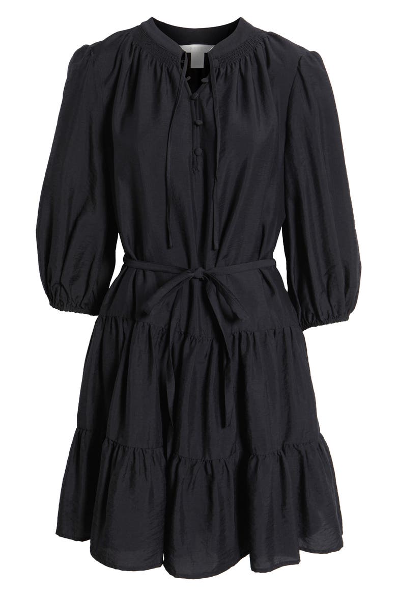 Tie Neck Tiered Dress, Alternate, color, BLACK