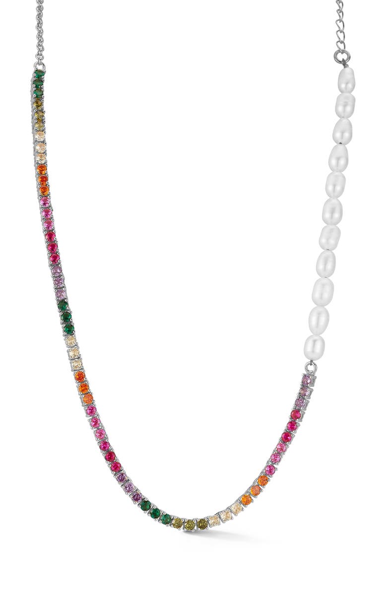 CHLOE AND MADISON Rainbow Crystal & Faux Pearl Necklace, Main, color, Silver