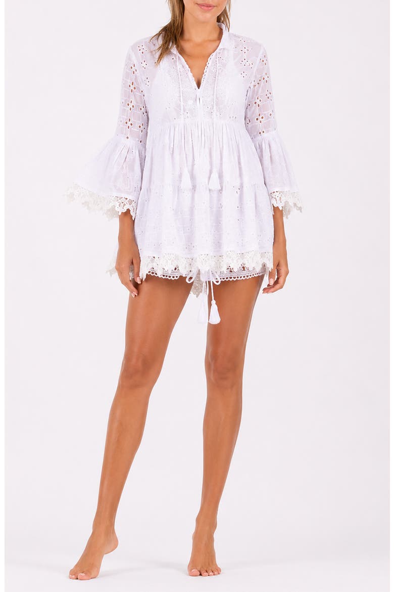 Bell Sleeve Embroidered Eyelet Cover Up Dress, Main, color, WHITE