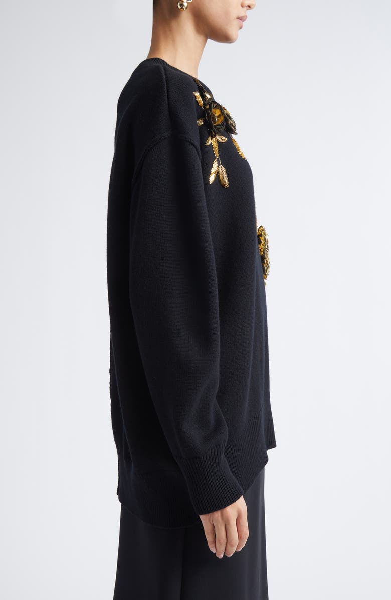Carolina Herrera Floral Embroidered Oversize Virgin Wool & Cashere Sweater, Alternate, color, Black Multi