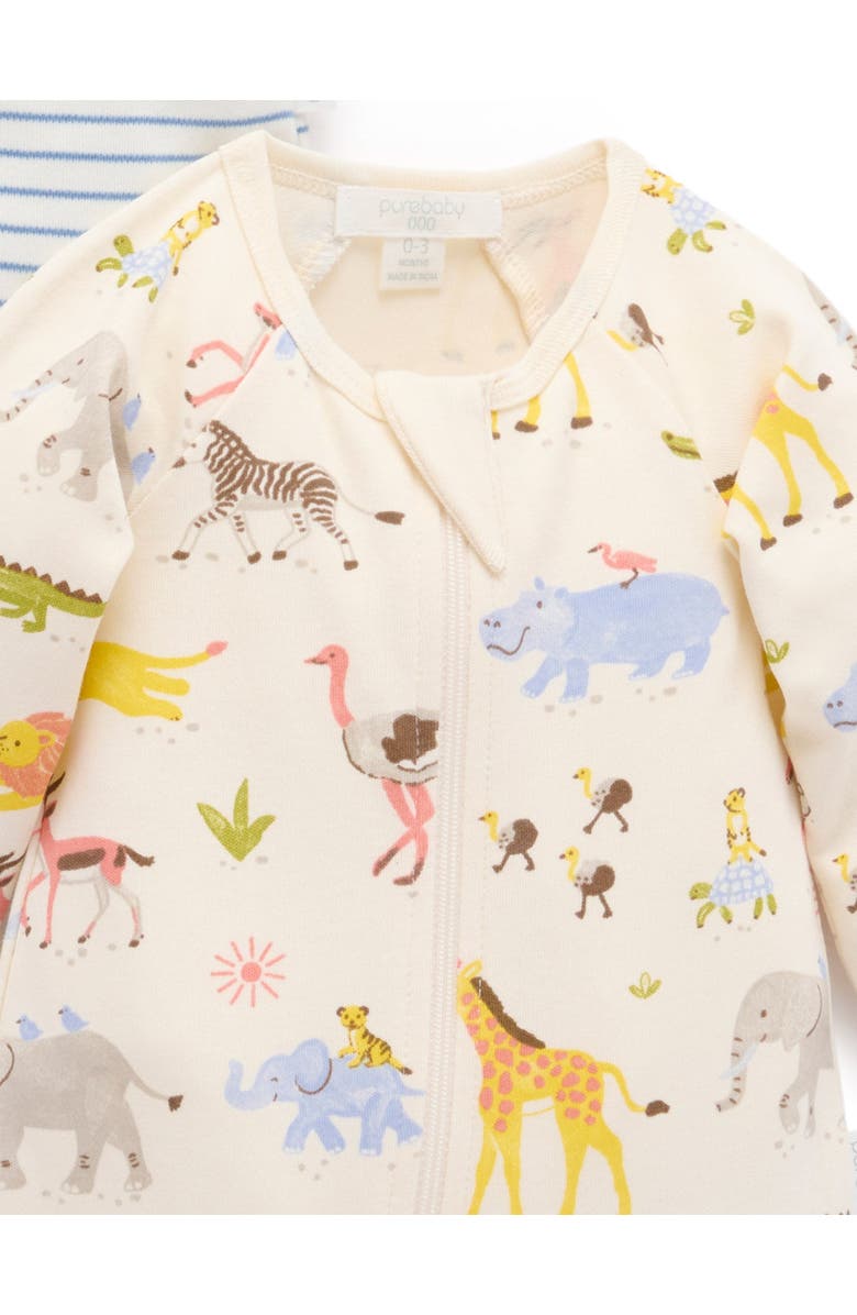 Purebaby 2 Pack Basics Printed Zip Footie Unisex, Alternate, color, Migrating Animals Print