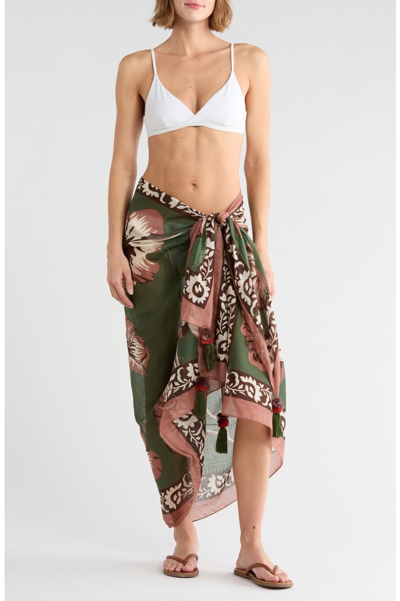 Floral Print Cotton Pareo, Main, color, OLIVE