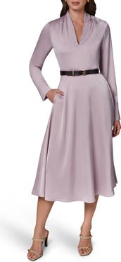 Donna Karan New York Long Sleeve Satin A-Line Midi Dress
