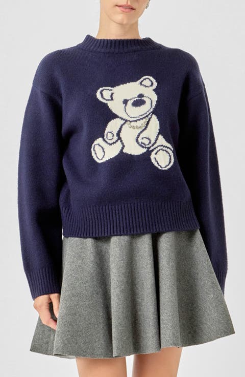 Teddy Bear Embellished Crewneck Sweater