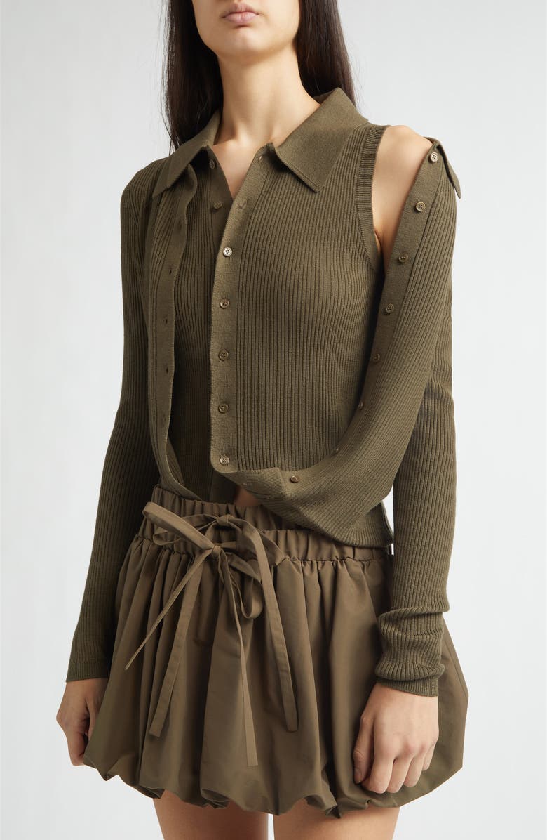 MONSE Fold-Up Slim Merino Wool Rib Cardigan, Alternate, color, Teak