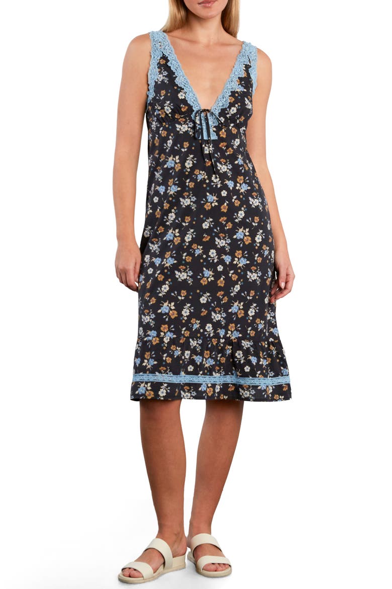 Lace Detail Floral Cotton Blend Slipdress, Alternate, color, BLACK RETRO ROSE